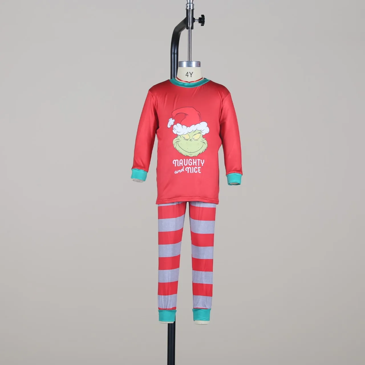 2021 New Style Cartoon Red and Grey Striped Christmas Parents And Children Pajamas