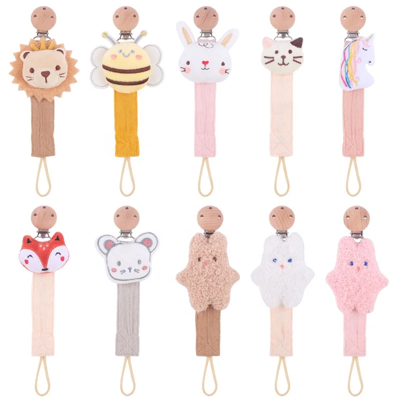 Customized Baby Pacifier Dummy Soother Holder Chain Clips Wood Clip Soft Cotton Baby Pacifier Holder