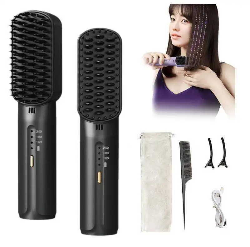 Cordless USB Rechargeable Wireless Hair Straightener Comb MINI Electric Portable hot hair brush 2 in 1 Cordless for men&women