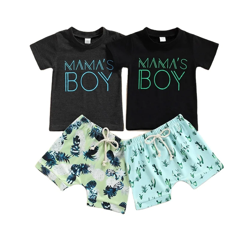Baby Kids Summer Wear Solid Color Boys Short sleeve T-shirt+Shorts Print Shorts Two-piece Set Custom Mothers Day Clothing