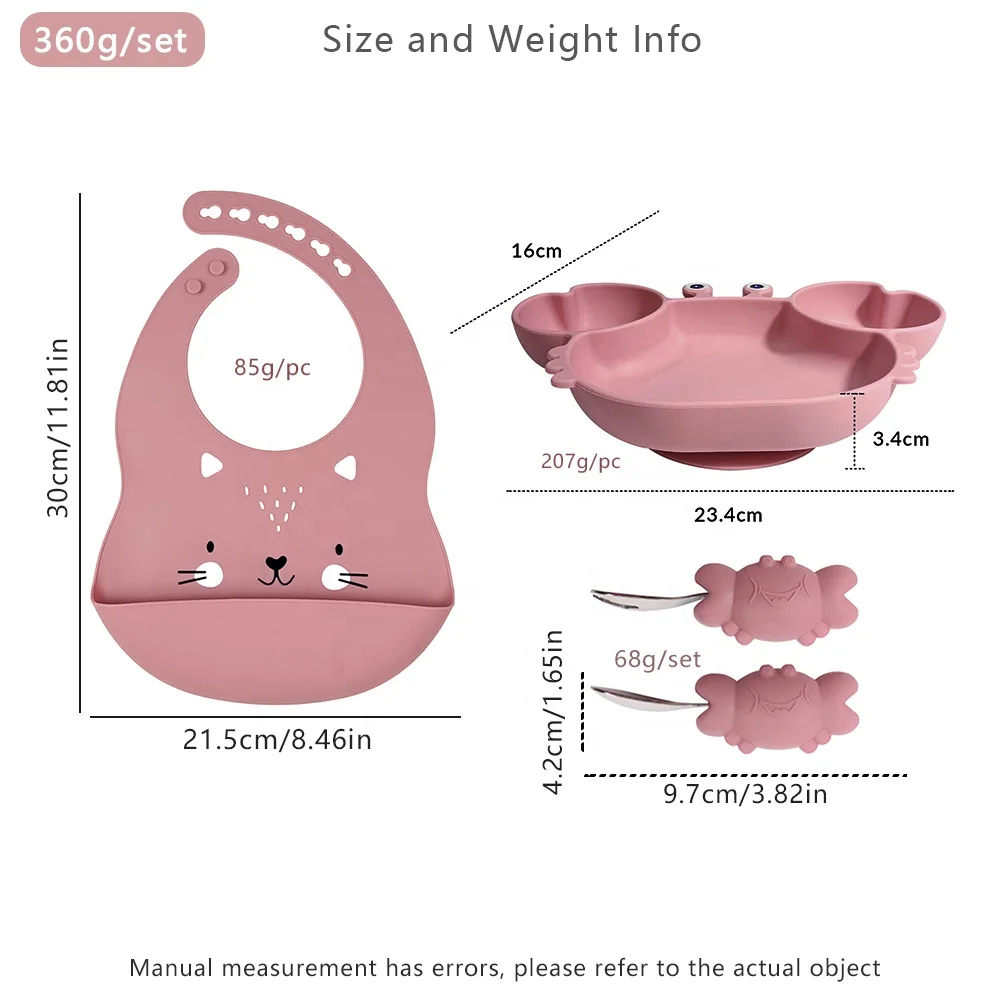 BPA Free Animal Face Bib Suction Plato Bebe Silicone Crab Platos Silica Gel Children Spoon Fork Baby Feeding Set