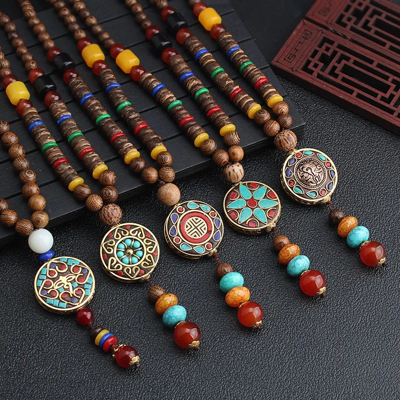 PUSHI nepal Vintage Ancient Natural Stone pendant geometrical wooden beads necklace jewelry bohemian long necklaces