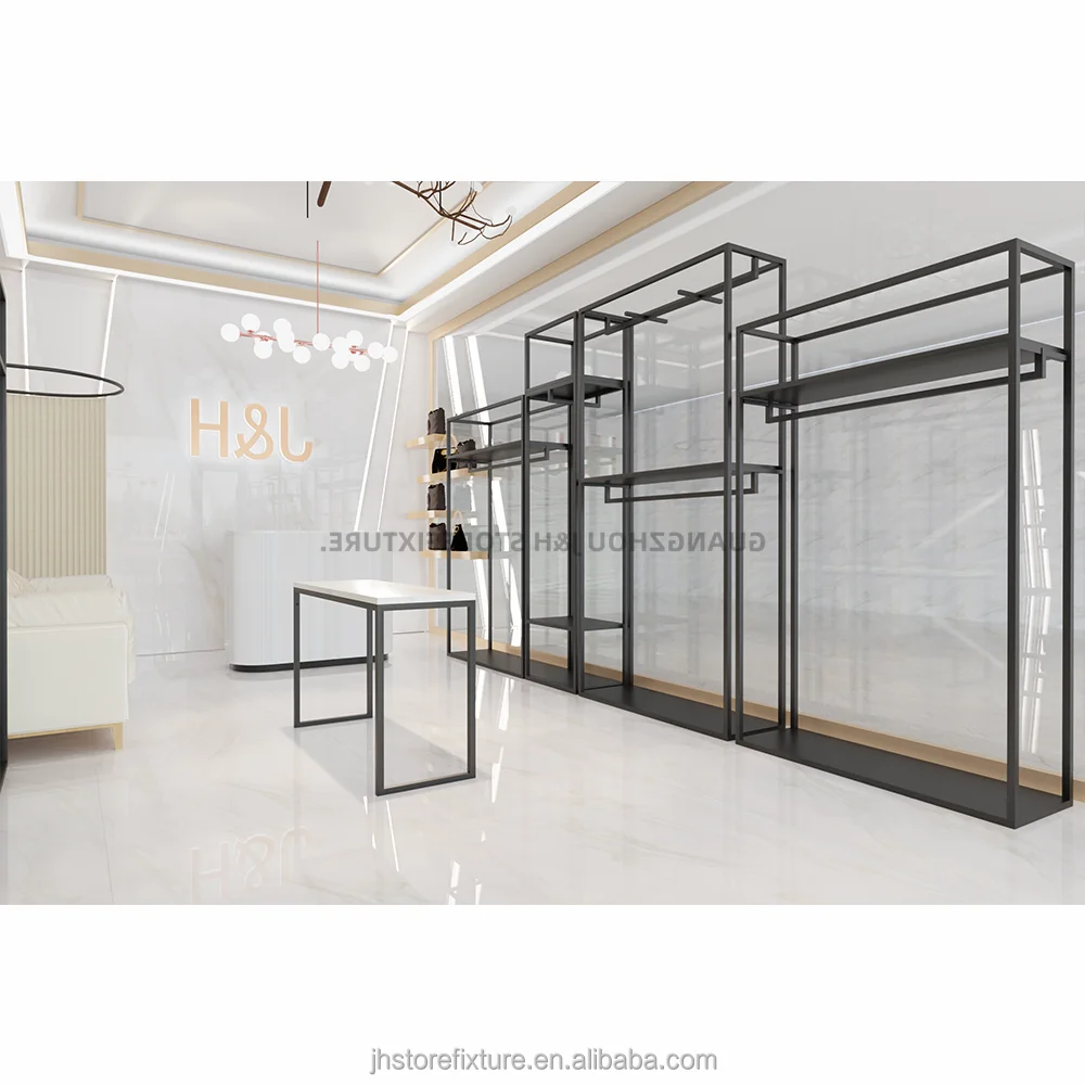 Fashion beauty store interior designed fixtures black custom women clothing display rack equipment shoes table stand