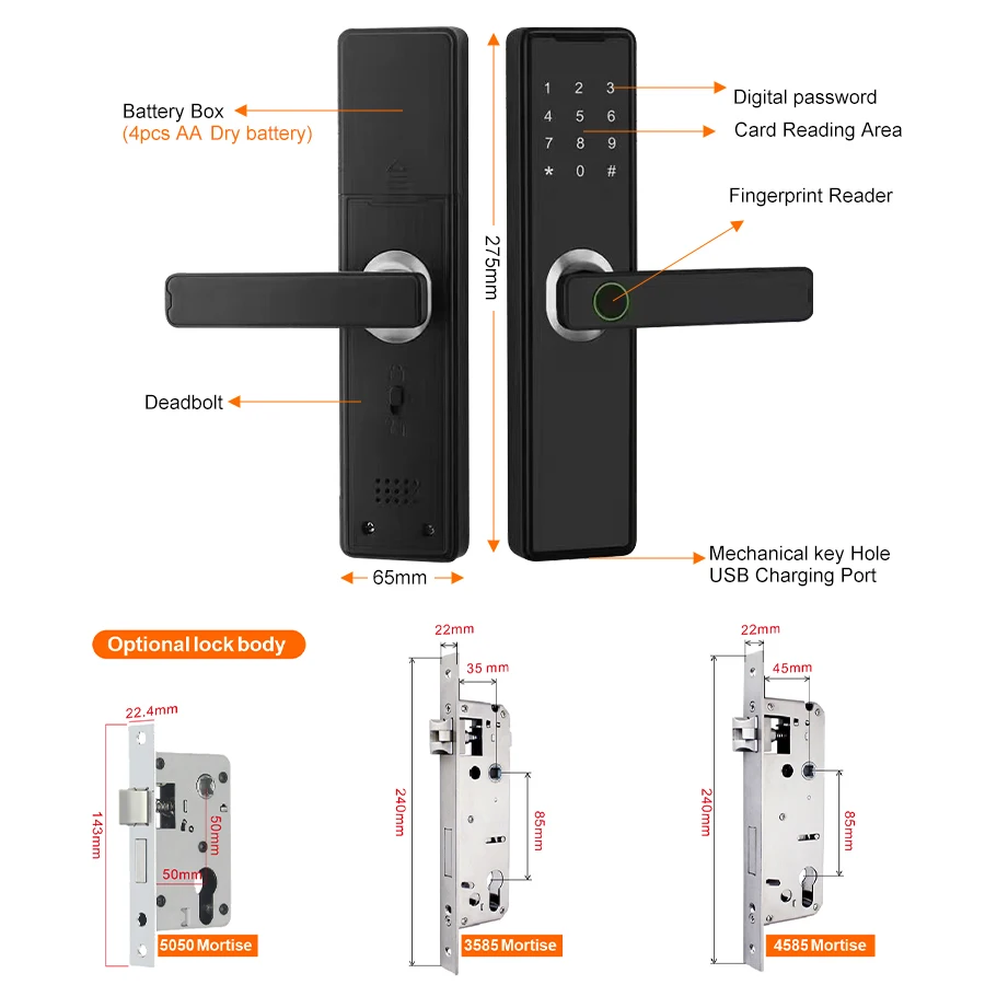 TYSH Wholesale Factory Price Electric Tuya App Wifi Fingerprint Smart Digital Door Lock Outdoor Support 4585/5050 Mortise