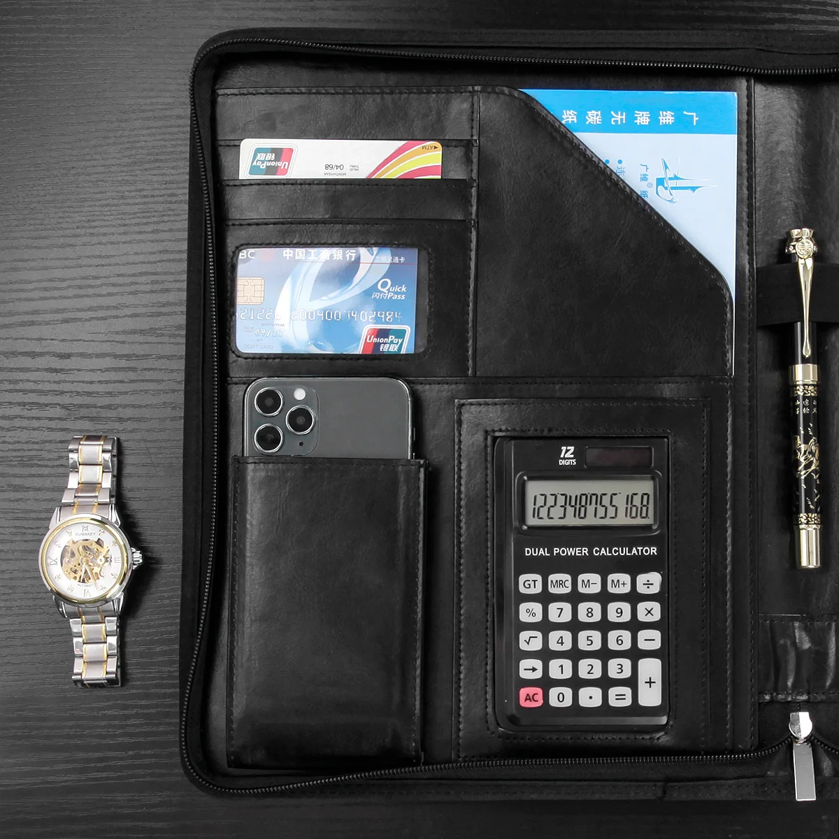 Metal Clipboard Phone Pouch File Folder PU Leather Portfolio Professional Interview Pad folio with Calculator and Memo