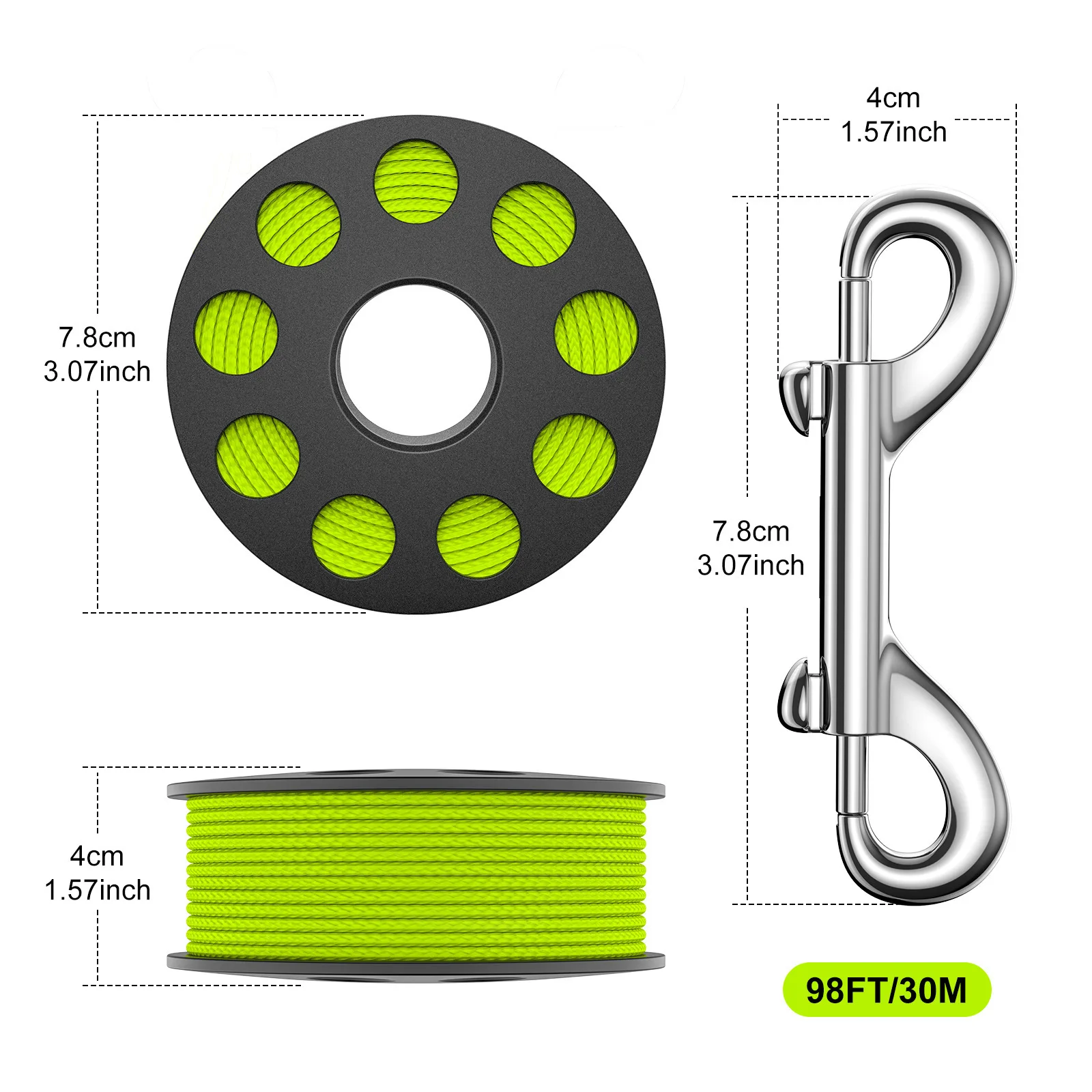 30M Scuba Diving Spool Finger Reel with Stainless Steel Double Ended Hook SMB Tech Snorkeling Equipment Cave Wreck Guide Line
