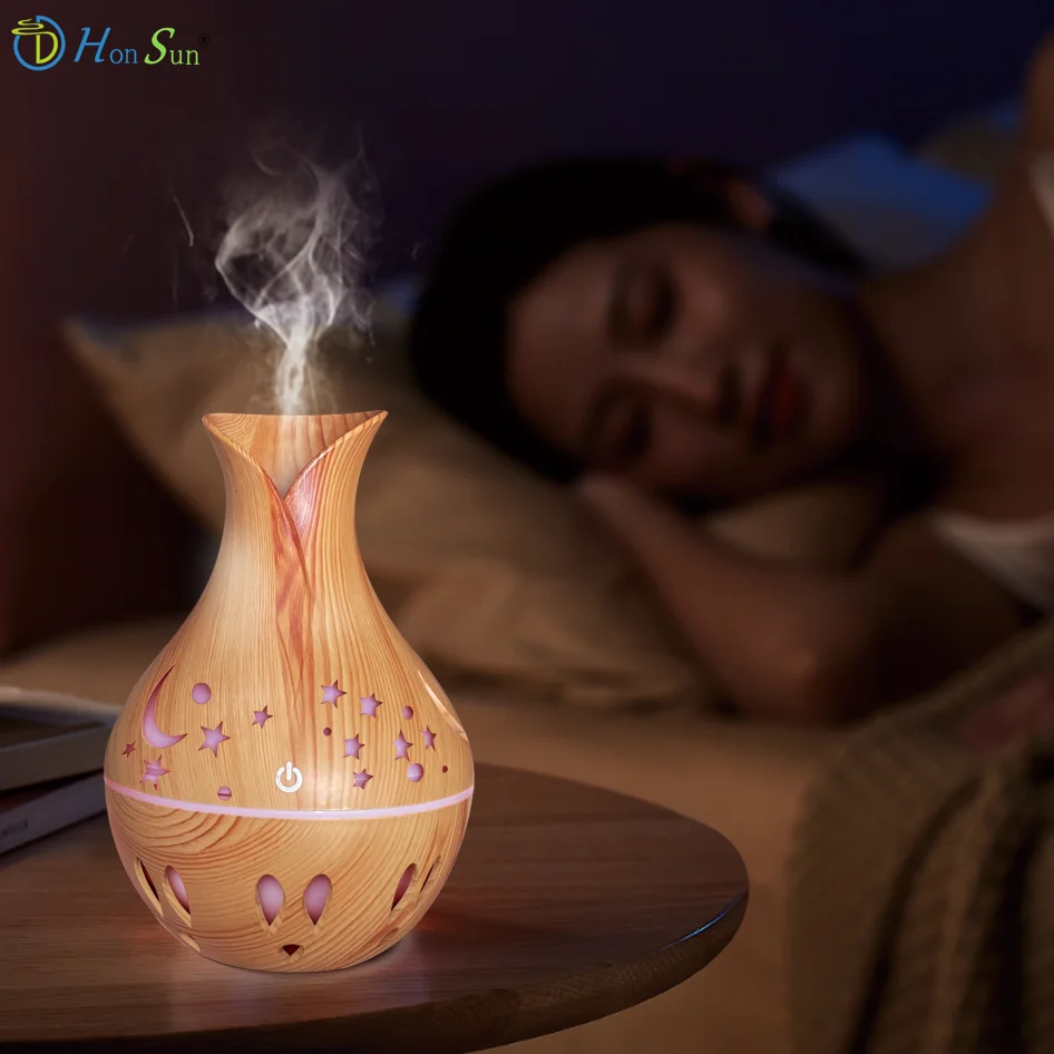 2023 new product Wood Grain Ultrasonic Cool Mist 7 Colorful Light Hollow out vase humidifier USB Cord Aromatherapy Diffusers