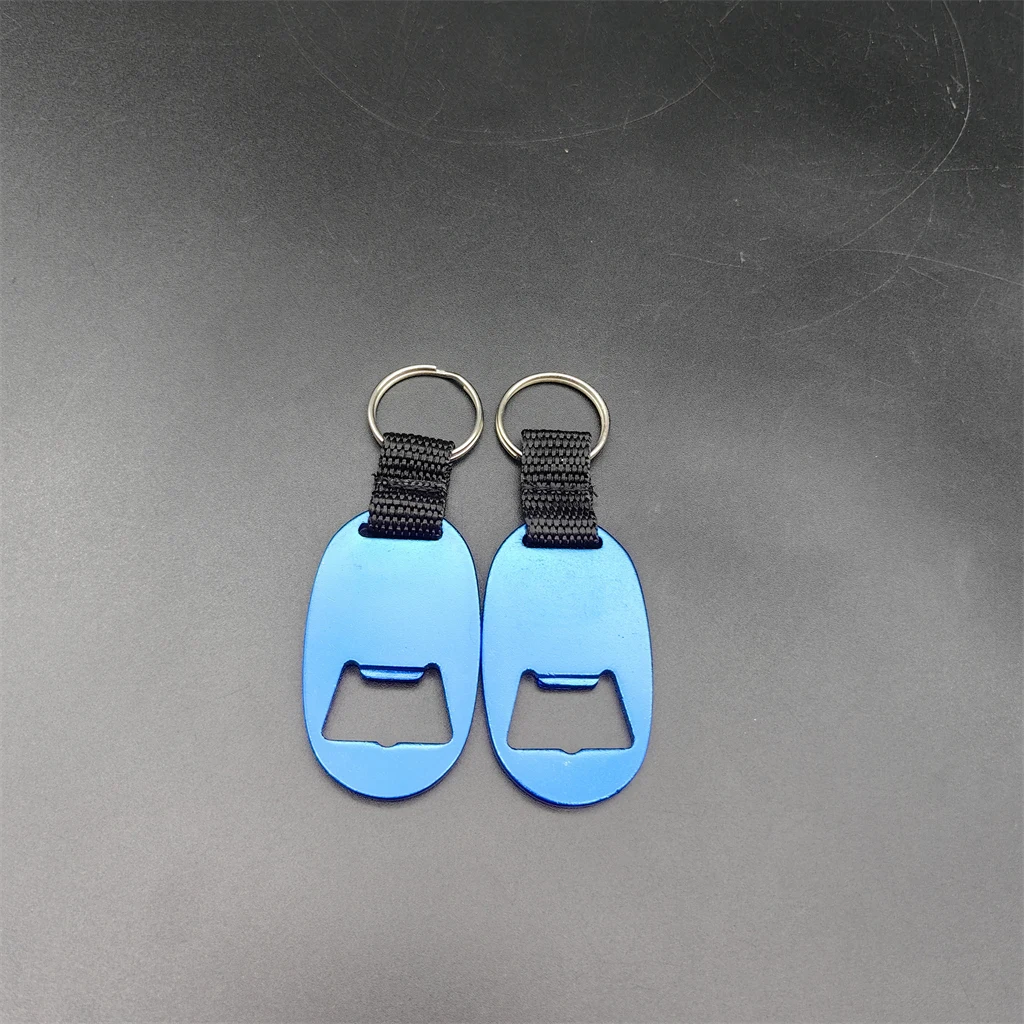 Hot promotional cheap manual metal blank aluminum alloy woven ribbon strap oval custom beer can wine bottle opener with keychain