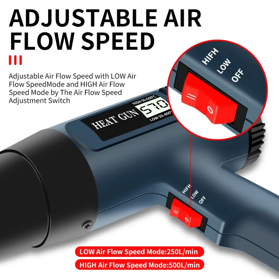 Power 2000W Fast Heating Variable Temperature Adjustable Two Air Flow Speed Heat Gun Hot Air Gun with LCD Digital Displaying