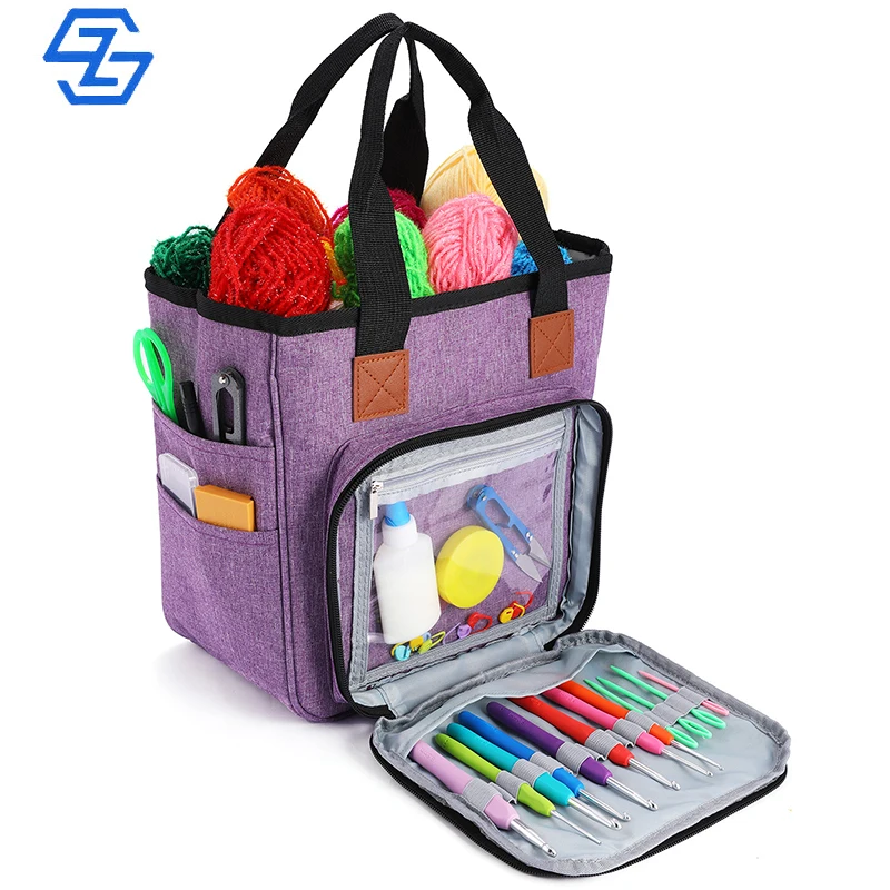 Large Capacity Knitting Bag for Yarn Storage Yarn Totes Organizer with Inner Divider Portable Purple Color
