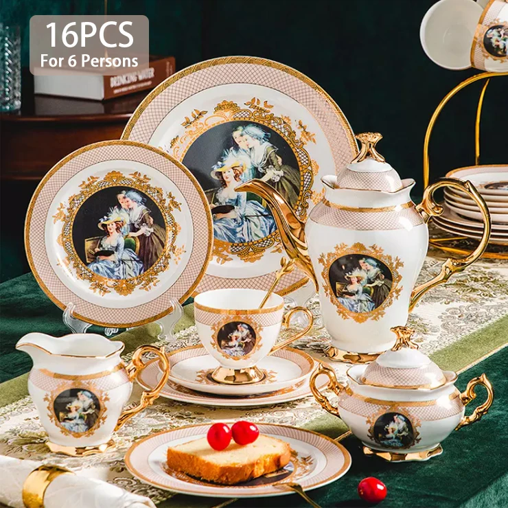 European Oil Painting Noble Lady Coffee Tea Set 6 Person Used Home Western Ceramic Teapot Set with Gift Box