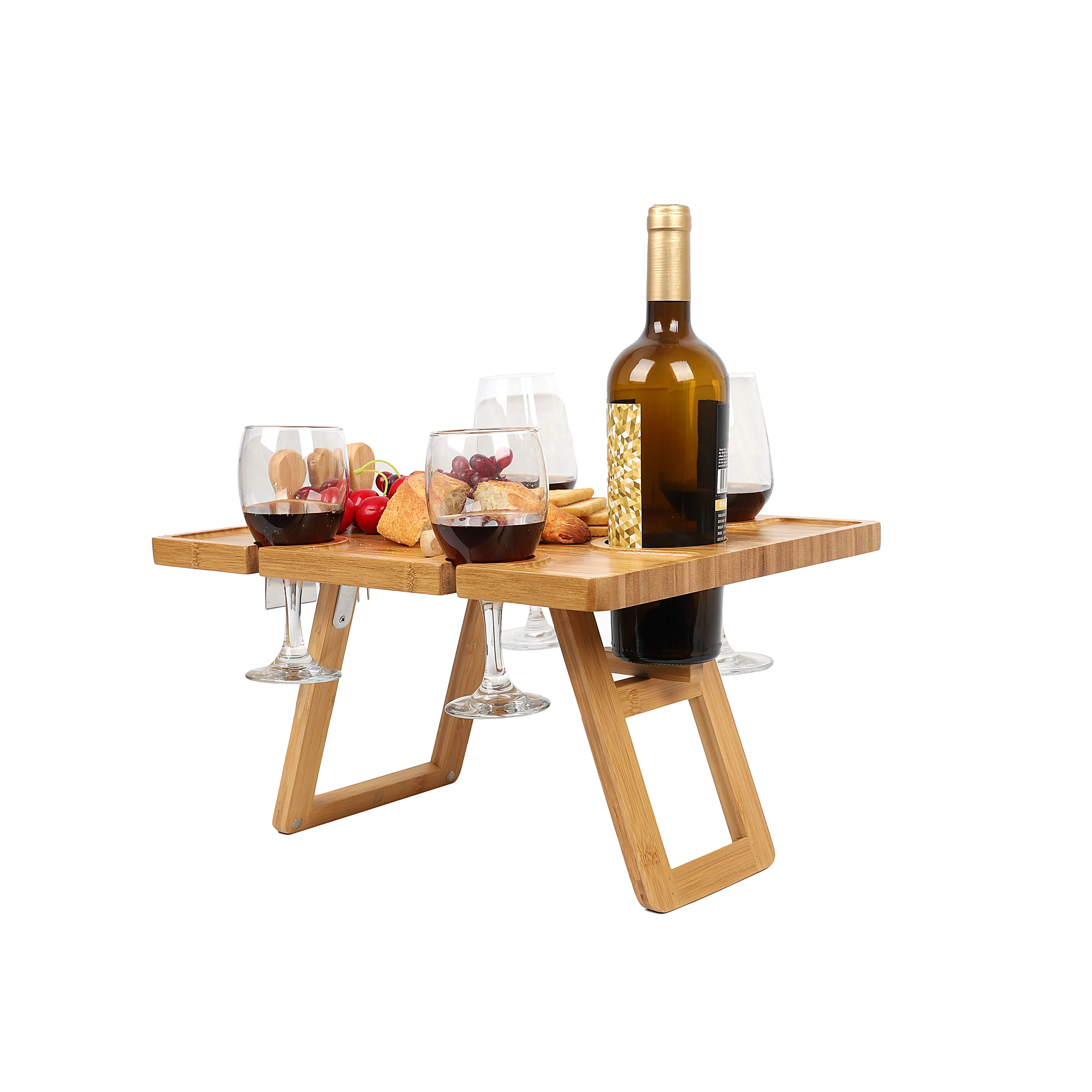 Bamboo Portable Wine Picnic Table Wine Glass Drying Rack Wooden Foldable Picnic Table and Knife Set