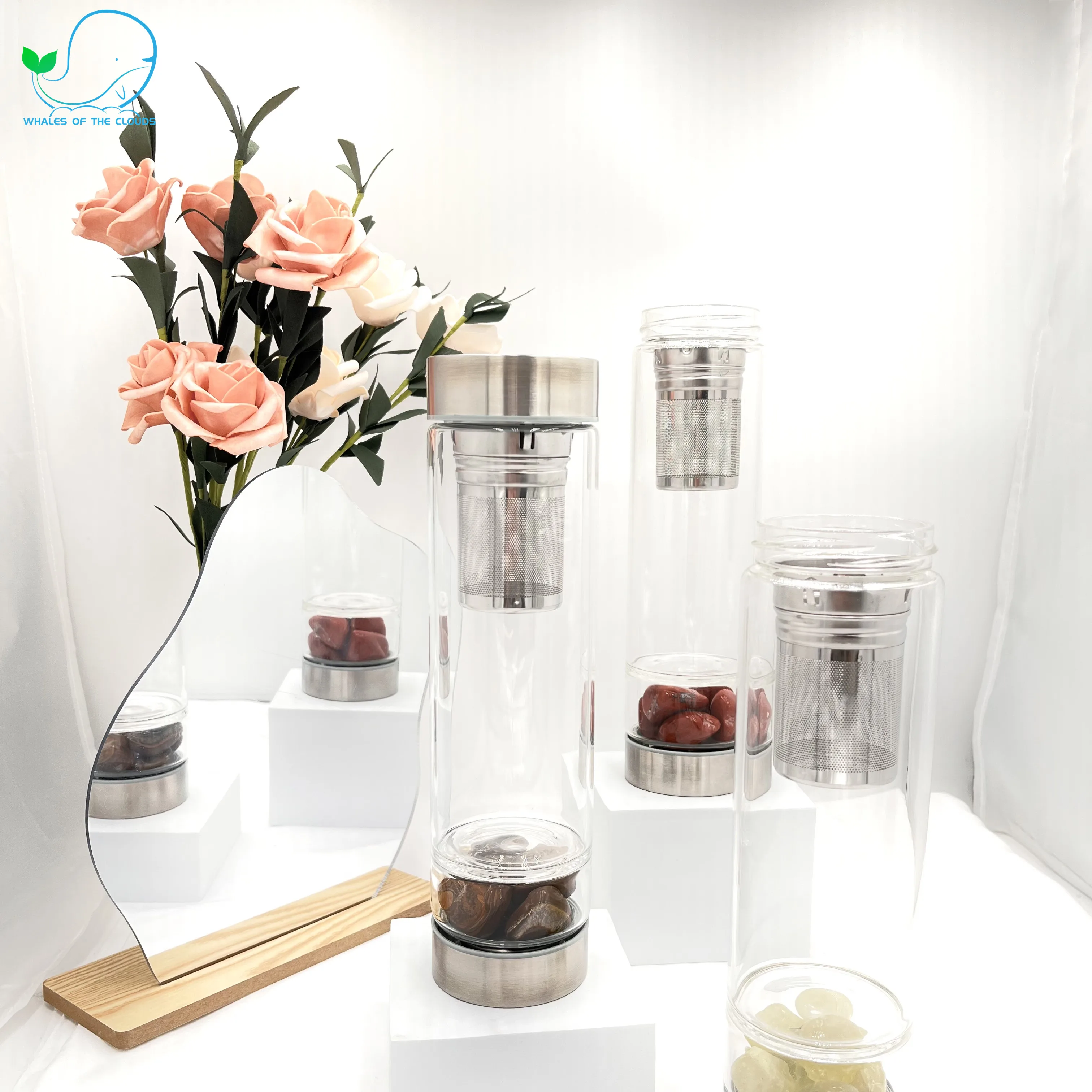 Glass Water Bottle Bamboo Lid Gemstone Water Bottle with crystal inside Natural Crystal Infused Chips