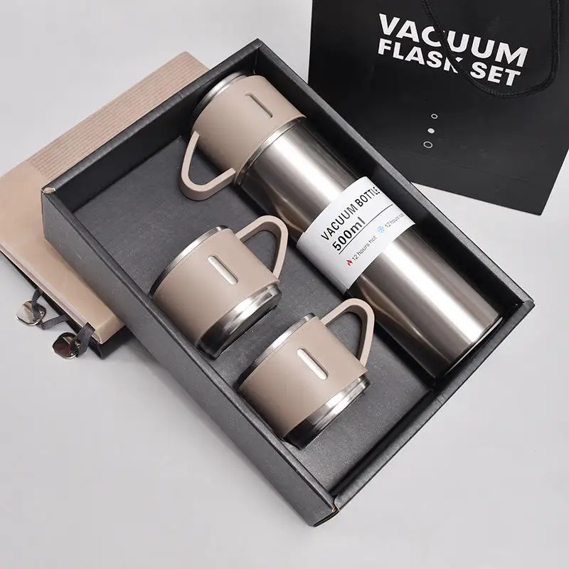 Eco 500ml Gift Box Set Portable Business Cup Stainless Steel Thermos Cup One Cup Flasks Water Bottle With 3 Lids