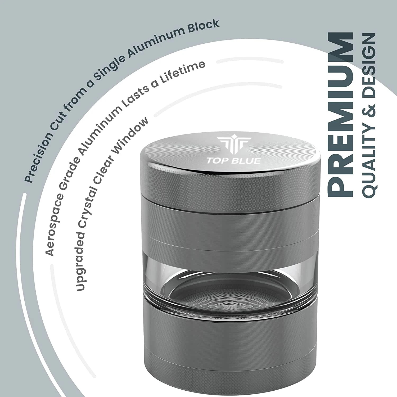 5 piece grey herb tobacco grinder  with solid teeth aluminum alloy hemp crusher holding chamber with window
