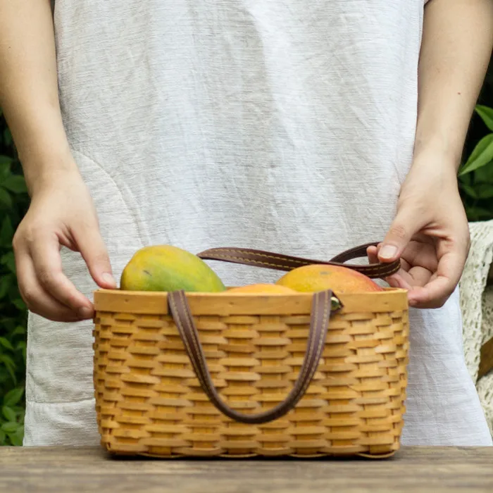 Wood storage bag wood baskets wholesale with leather handle for vegetable fruit bread or picnic