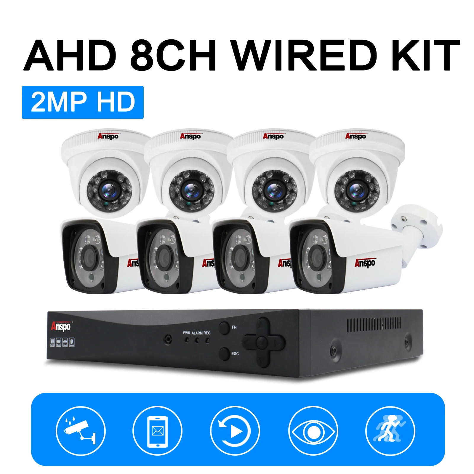 2MP 8 Channel AHD Security Camera System kit 8Pcs 2MP HD Wired Outdoor Cameras with Night Vision 5 in 1 DVR