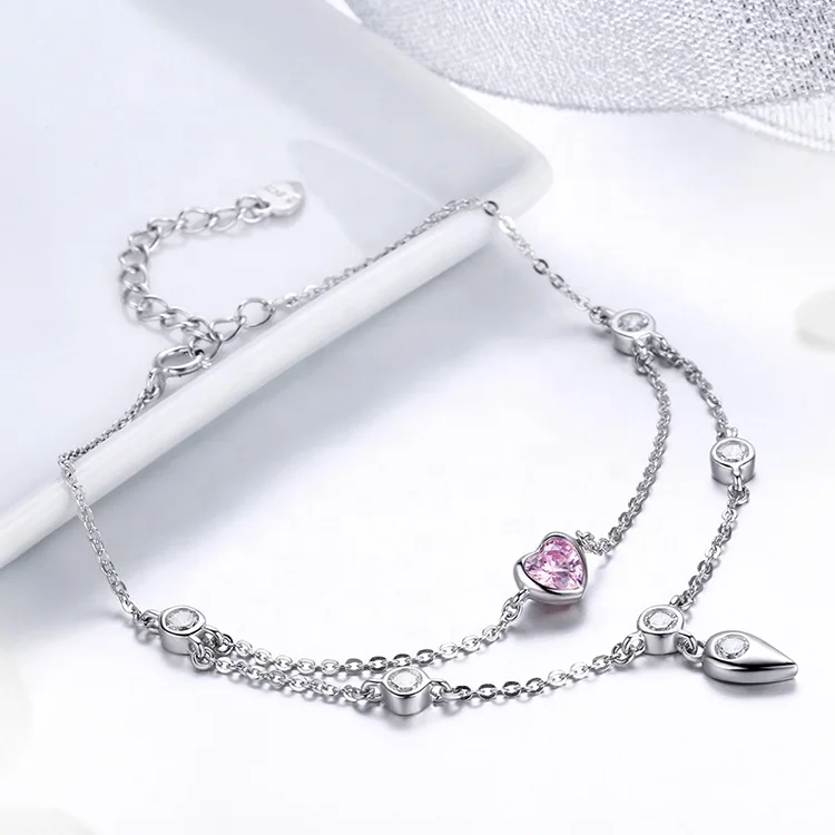 Amazon Pink cubic zirconia Love Heart shape Femme 925 Sterling Silver love bracelet