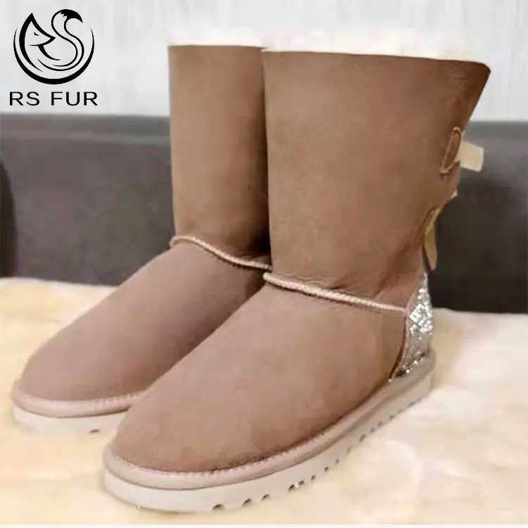 Зимние теплые женские сапоги из овечьей кожи на заказ, меховые сапоги со стразами, уличные Нескользящие сапоги для снега