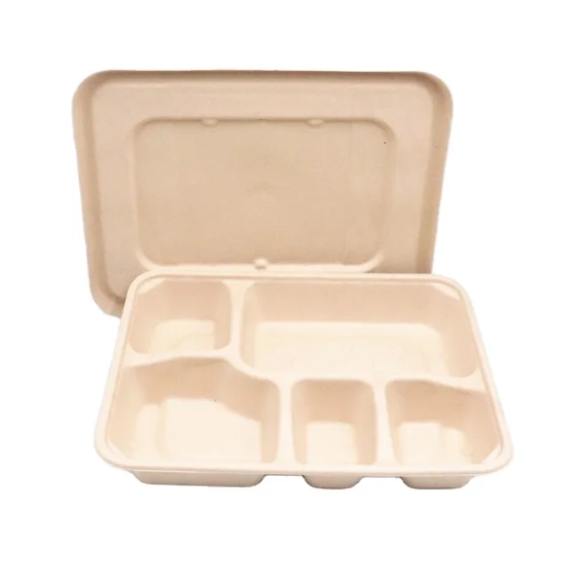 100% Natural 5 Compartment Disposable Sugar Cane Fiber Plates Eco-friendly Square Sugarcane Bagasse Tableware Food Tray
