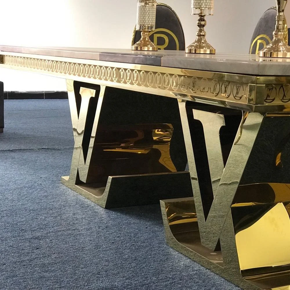 High End класса люкс стиль жизни visonnaire золотистыми латунными зубцами и обеденный стол из нержавеющей стали большой прямоугольник мраморный стол