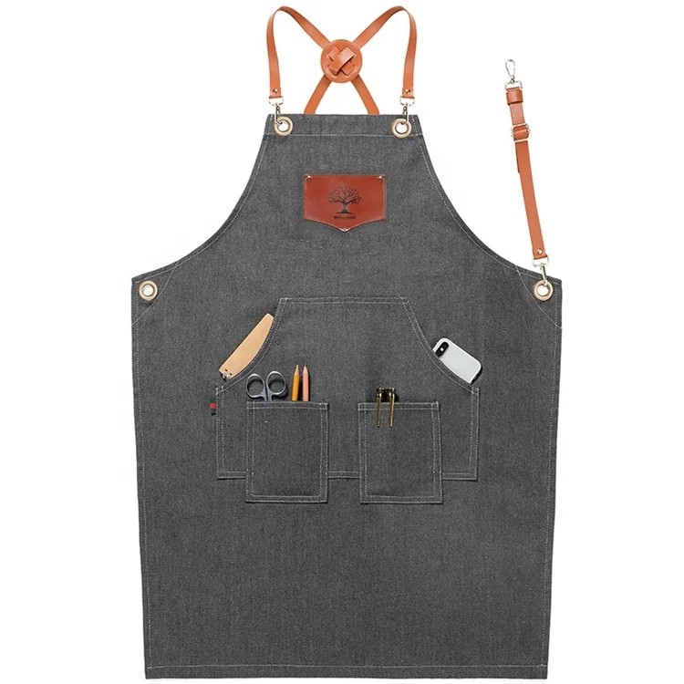 Fast delivery commercial kitchen server denim apron Unisex Adjustable Denim Barber bbq Kitchen cafe Apron With Pockets