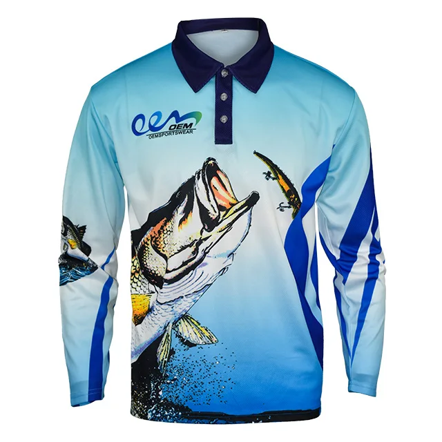 Custom sublimation degin logo quick dry long sleeve upf 50 sustainable fish pattern recycled polo fishing tshirts
