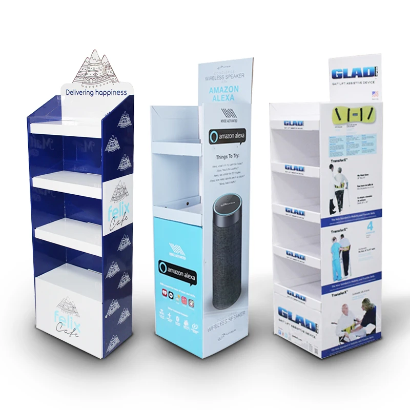 Custom Blue White Product Display Rack Folding Pop Up Paper Corrugated Floor Cardboard Display Stand