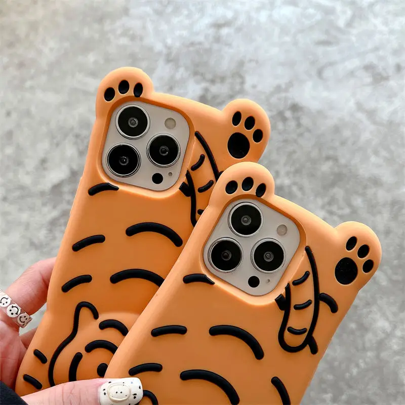 3D Cute Cartoon Lay Down Tiger Soft Rubber Shockproof Phone Case Cover for iPhone 13 12 11 Pro Max