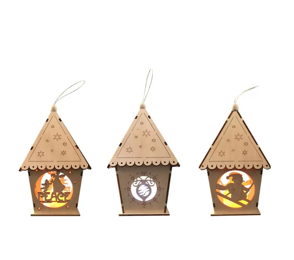 Wooden christmas LED lighted mini house hanging ornaments xmas gifts for home decoration with snowman/peace word