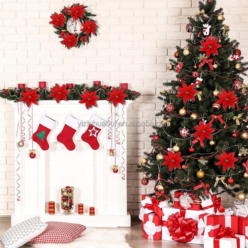 wholesale hot sell faux Christmas flowers high quality 7 heads silk poinsettia flower artificial flower bouquet Xmas decoration