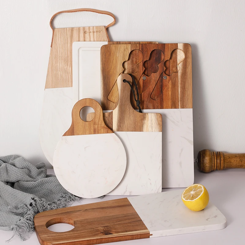 Cutting Board with Marble and Natural Wood, Serving Board for Steak Fruits with Handle, Chopping Board for Bread
