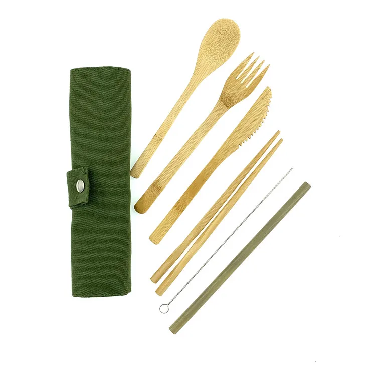 
6 Piece Travel Set Reusable Bamboo wooden Cutlery In cloth bag Case 