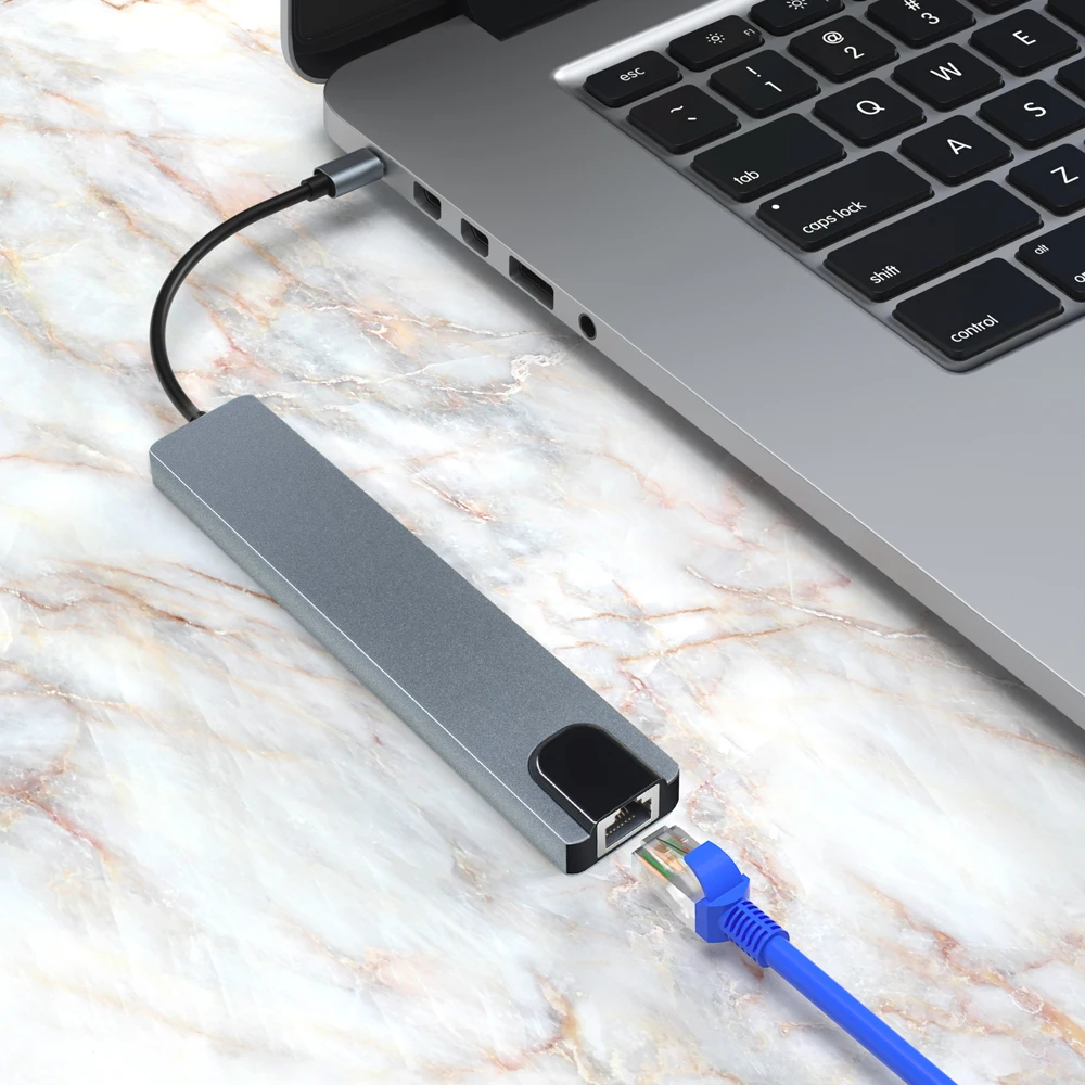 High quality 8 in 1 Type-C Hub Multiport Dock Station with 4K HDMI USB3.0 RJ45 SDTF USB-C PD Charging Adapter 8 ports USB C Hubs