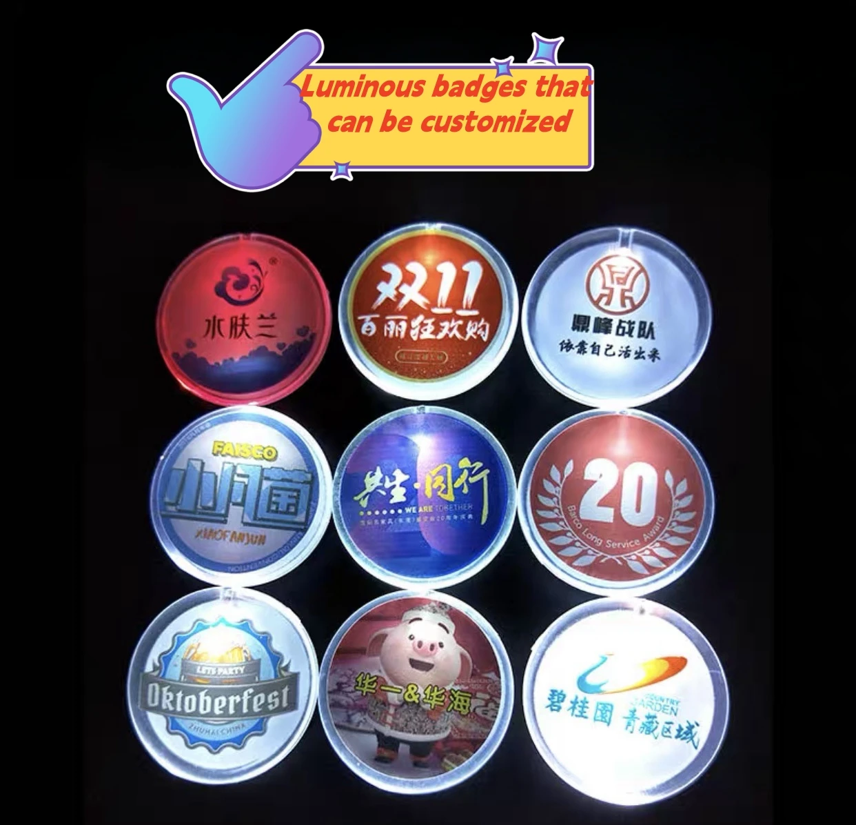 High Quality Trend Custom Logo LED Badge Party Lighting Flashing Glitter Glow Pin Button Blank Badge