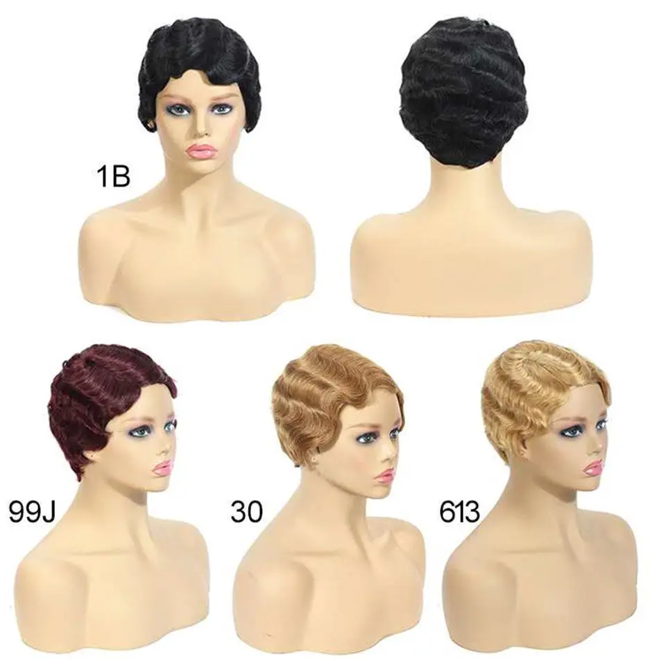 Short Finger Wave Cheap Wigs For Women Remy Real Hair Pixie Cut Wig Short Human Hair Wigs Machine Made Mix Color 1B,2# 27# 99J#