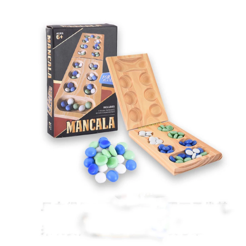 Custom wooden foldable mancala board game checkers wood ludo travel adults kids glass stones mancala board game