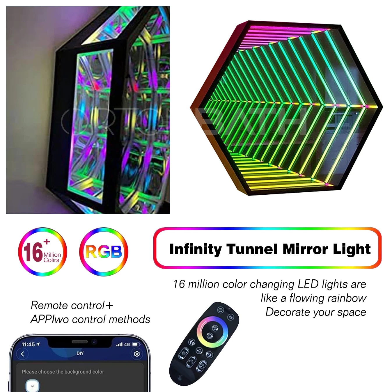 ORTONBATH Mirror Remote Control LED Infinity Wall Mirror Frame with Multi Color Changing Light LED Octagon Tunnel Mirror
