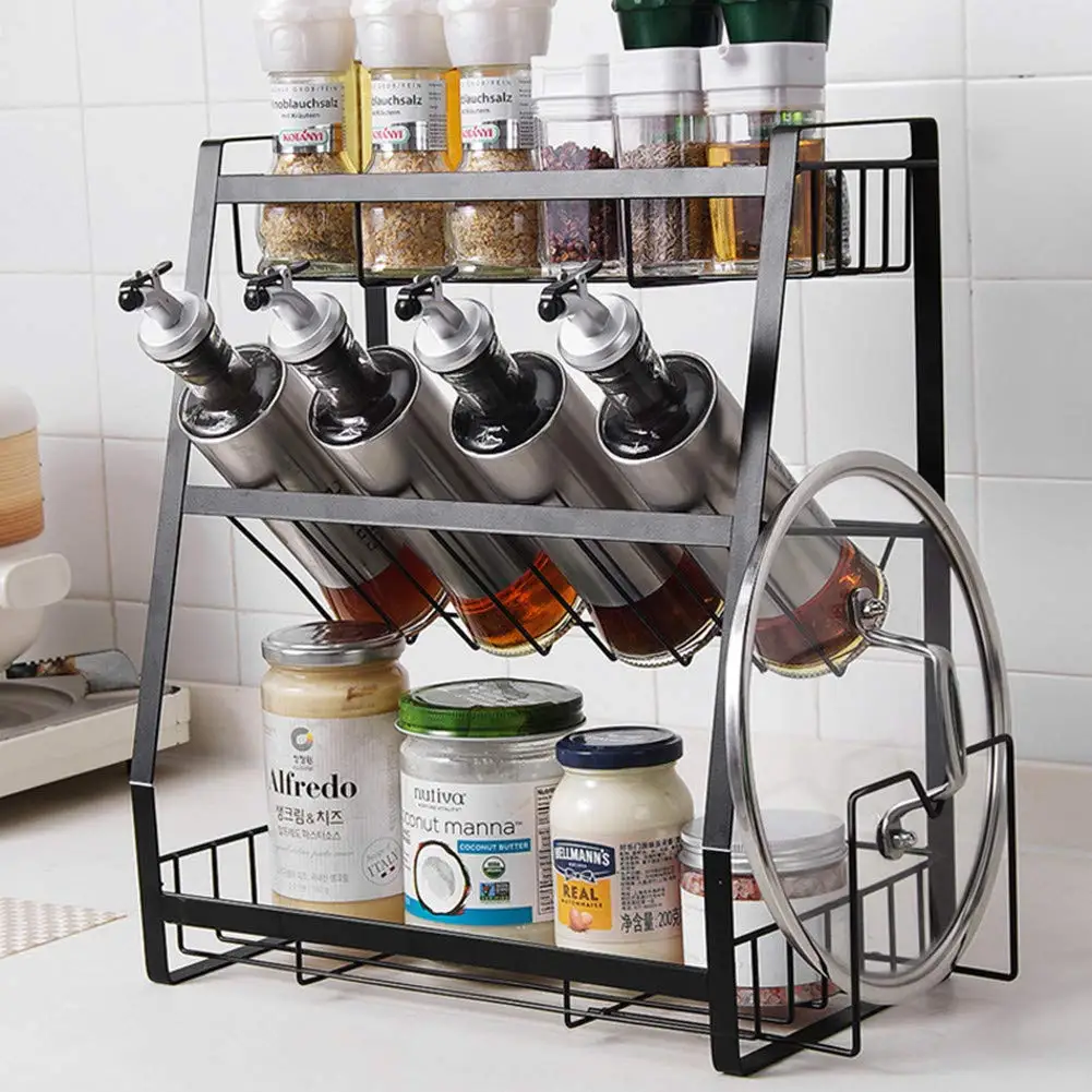 Ningbo Factory Kitchen Seasoning Organizer High Capacity Wall Mount 3 Tier Metal Storage Spice Rack with Cutting Board Stand