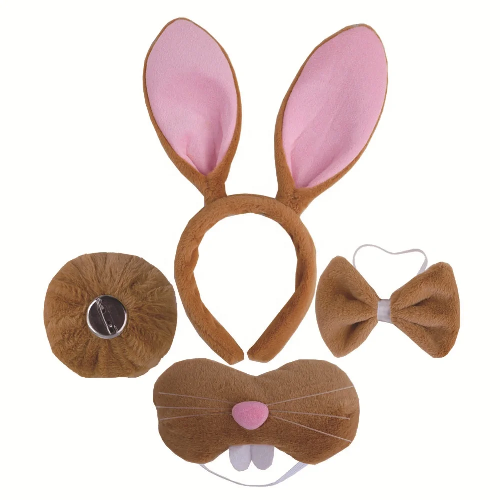 Easter Rabbit Costumes Accessories Brown White Gray Plush Bunny Ears Headband Nose and Tail 4PC Set
