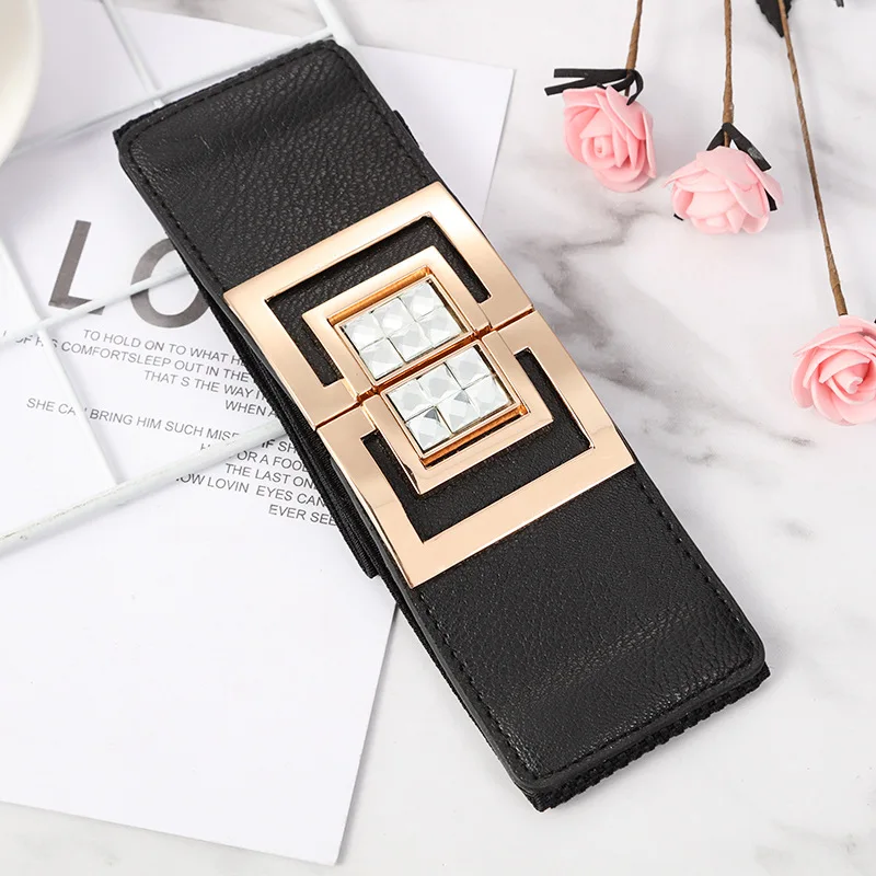Luxury Ladies Elastic Corset Wide Belts For Women Metal Vintage Buckle Pu Leather Waist Belt