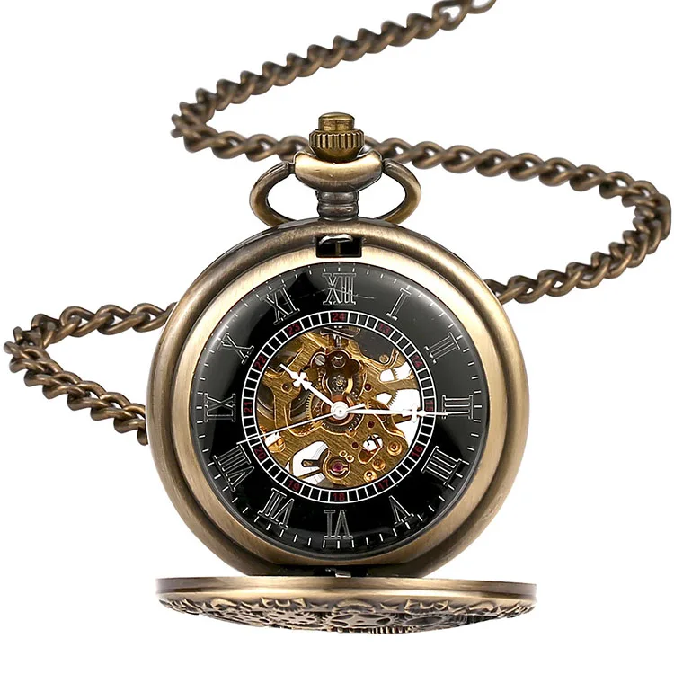 BOSHIYA Brass Hollow Six Leaves Half Hunter Mechanical Pocket Watch with Skeletal Display Roman Numeral Dial