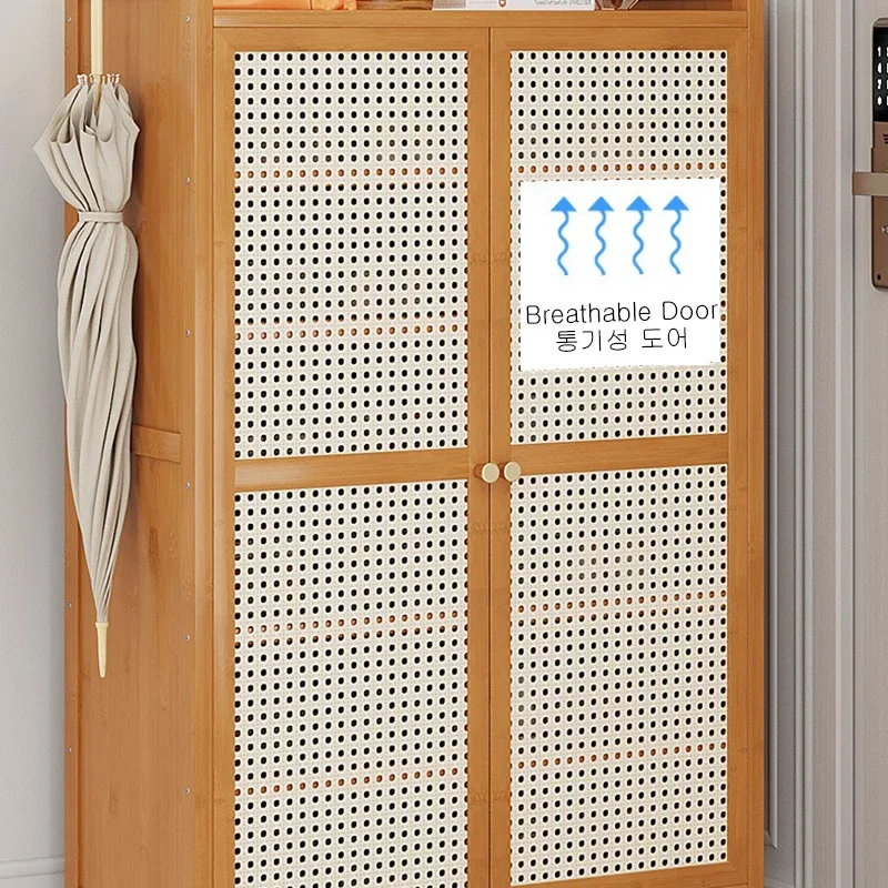 Bamboo Breathable Shoe Cabinet with Doors, Freestanding Entrance Multi-layer Storage Shoe Rack