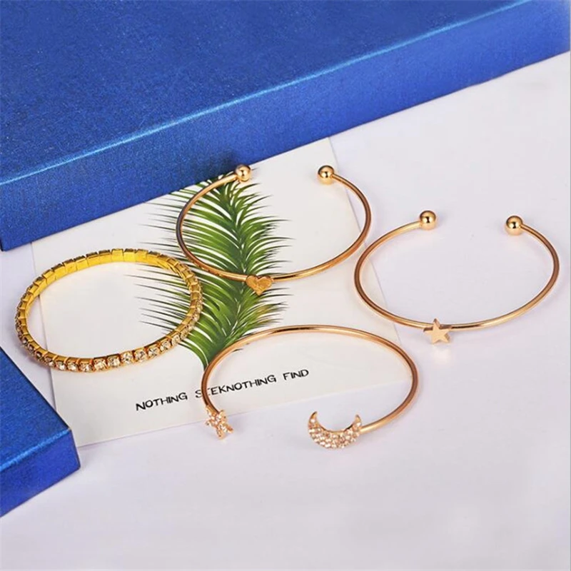 
Newest 4PCS/Set Fashion Cuff Bracelet Bangles Sets for Women Crystal Star Moon Heart Charm Ladies Bracelet Bangle Jewelry Set 