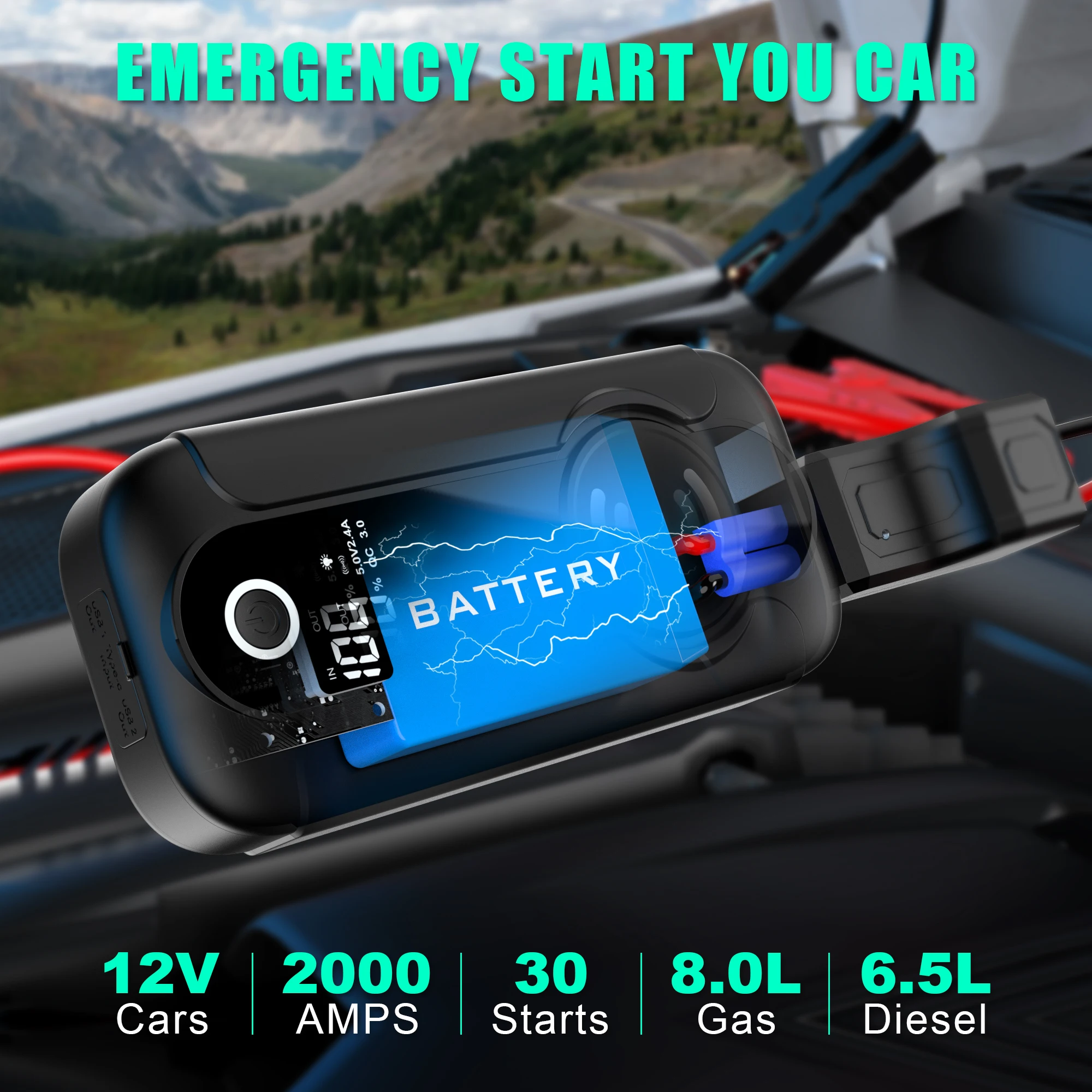 New Portable Vehicle Jumper Pack Wireless 12v 4.0l 6.0l 8.0l Led Digital Display Screen Car Booster Jump Starter Power Bank