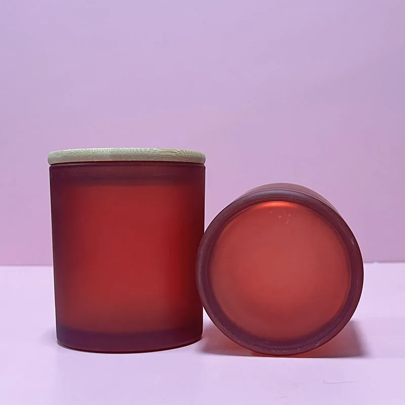Wholesale Empty Glass Candle Jar with Wooden Lid Colorful Frosted Empty Glass Candle Jar with Bamboo Lid Box