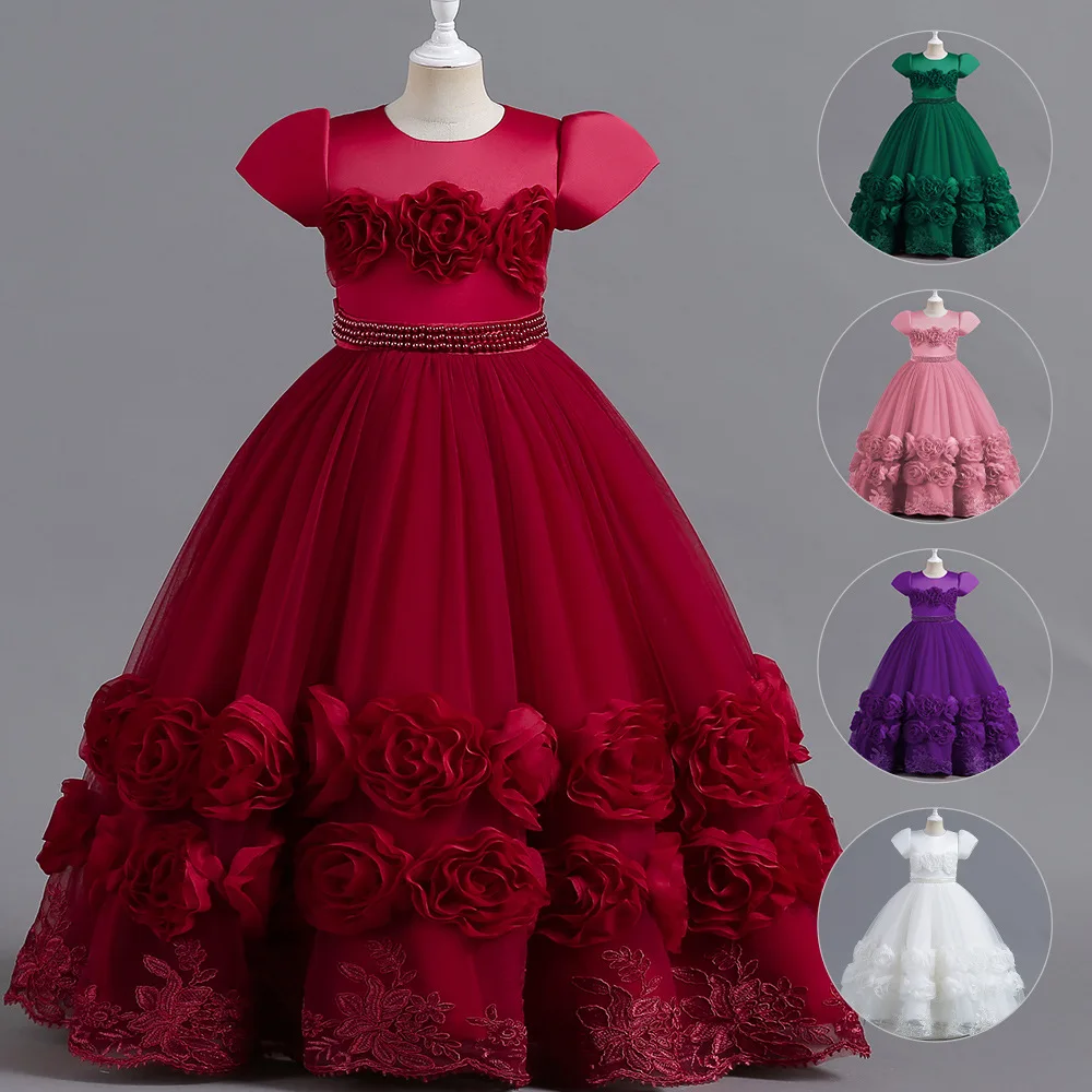 Short Sleeve Long Floor Length Luxury Little Girls Flower Ball Gown 5 Colors Elegant Kids Party Dress Cupcake Flower Girl Dress