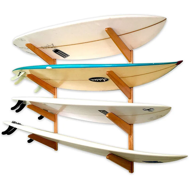 Customizable Wholesale Natural Wood Home Storage Mount System Holds 4 Surfboards Timber Surfboard Wall Rack