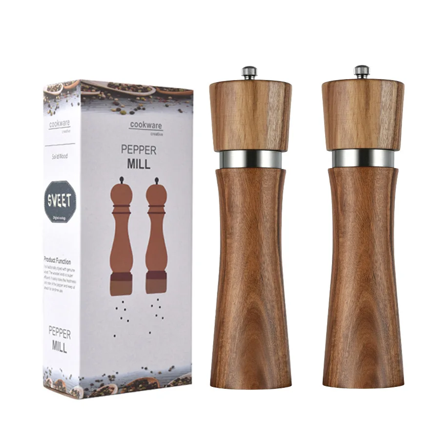 Set OF 2 Adjustable Coarseness Wooden Salt and Pepper Grinder Manual Wood Spoon Pepper Mill Set