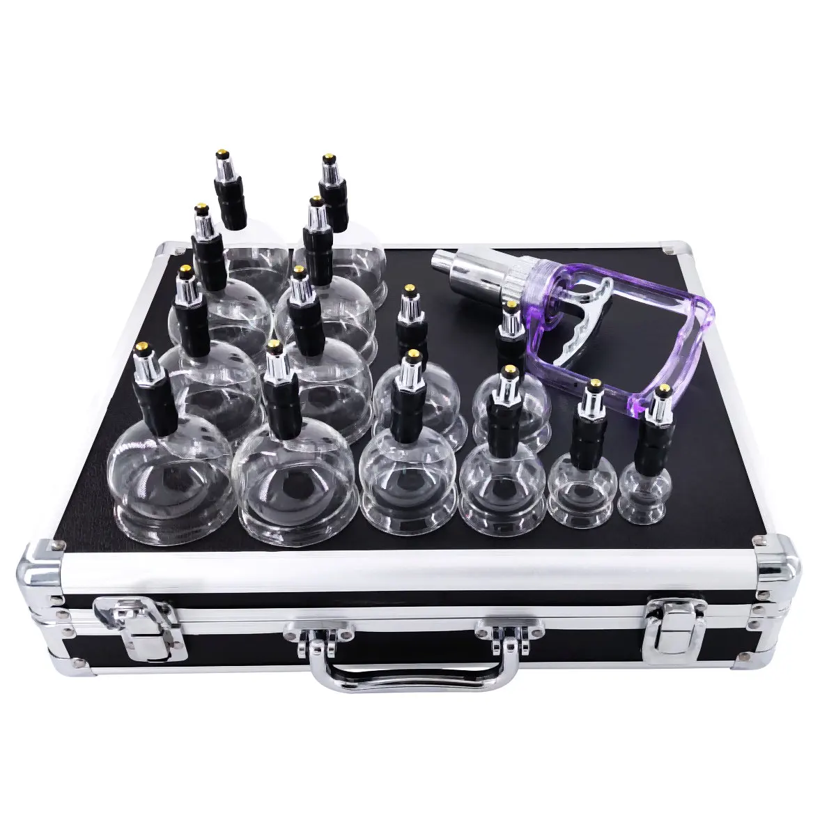 Customized logo Luxury 14 Pcs Length Mouth Glass Cupping Cups Set Household Flameless Aluminum Box Hajima Vacuum Cupping Kit